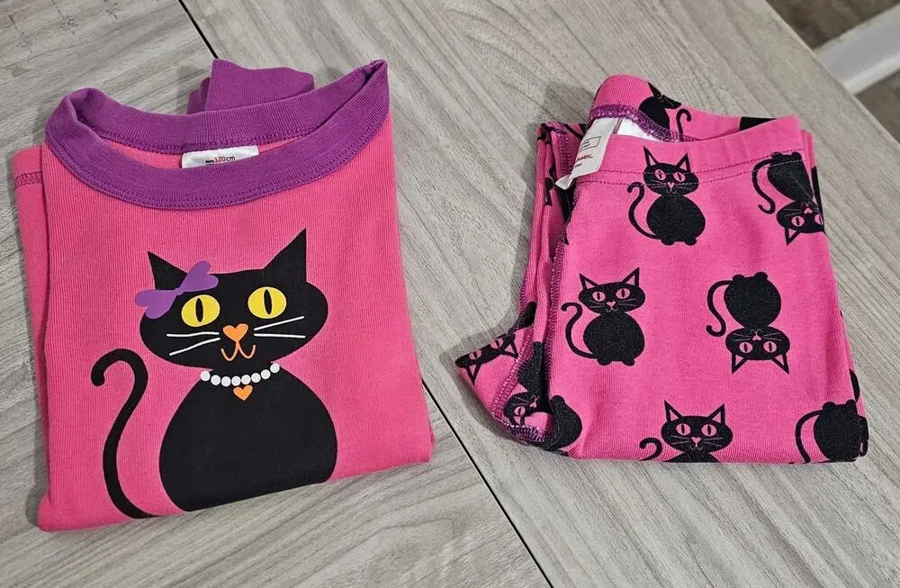 Hanna Andersson Pajama Set Pink Purple Black Cat Long Sleeve Halloween Girls 6-7